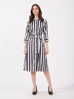 Satin A-line Striped Dress - Black