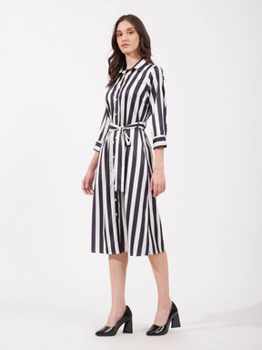 Satin A-line Striped Dress - Black