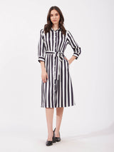 Satin A-line Striped Dress - Black