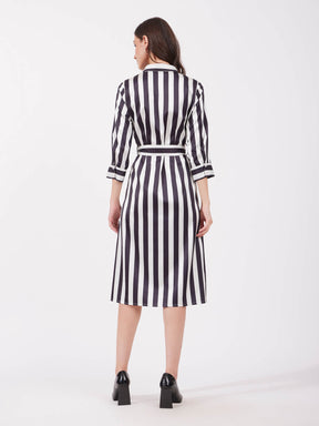 Satin A-line Striped Dress - Black