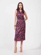 Satin Waist Wrap Dress - Pink And Black