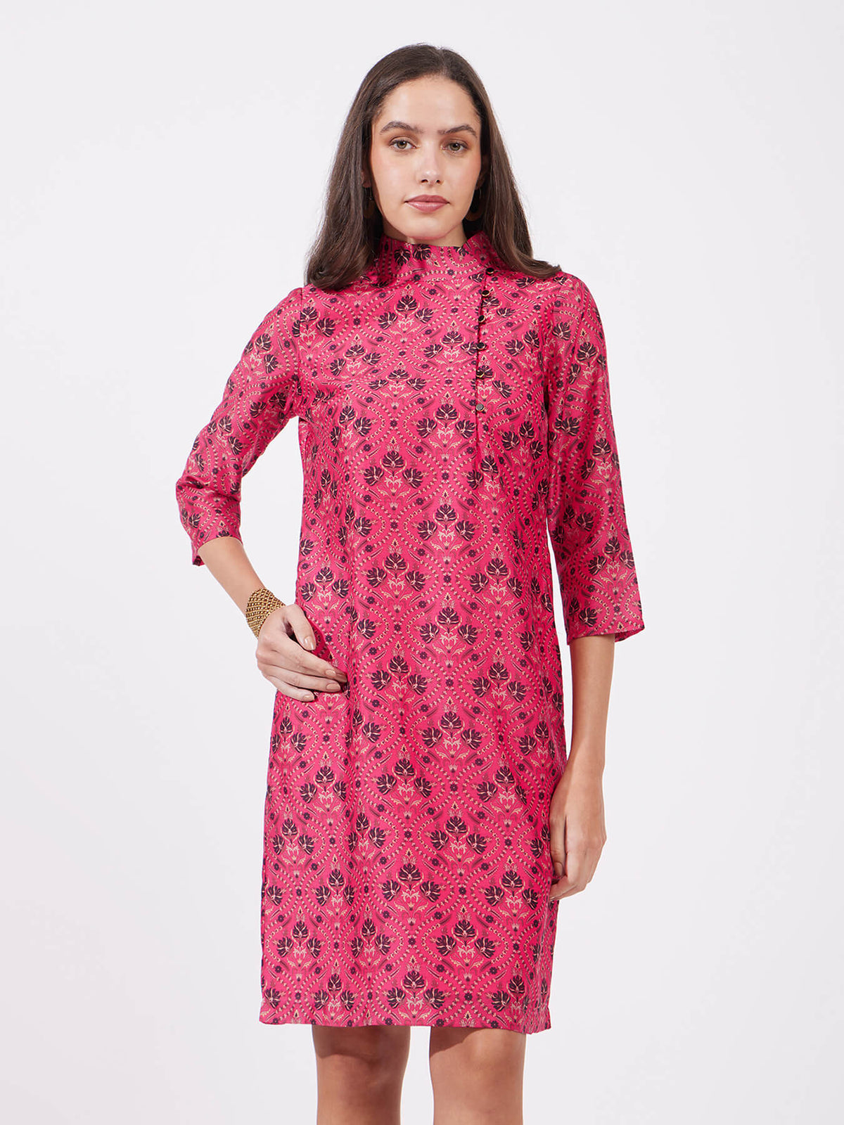 Chanderi Festive Print Dress - Pink