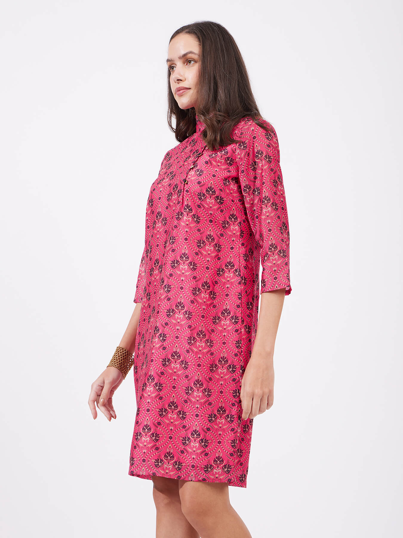 Chanderi Festive Print Dress - Pink