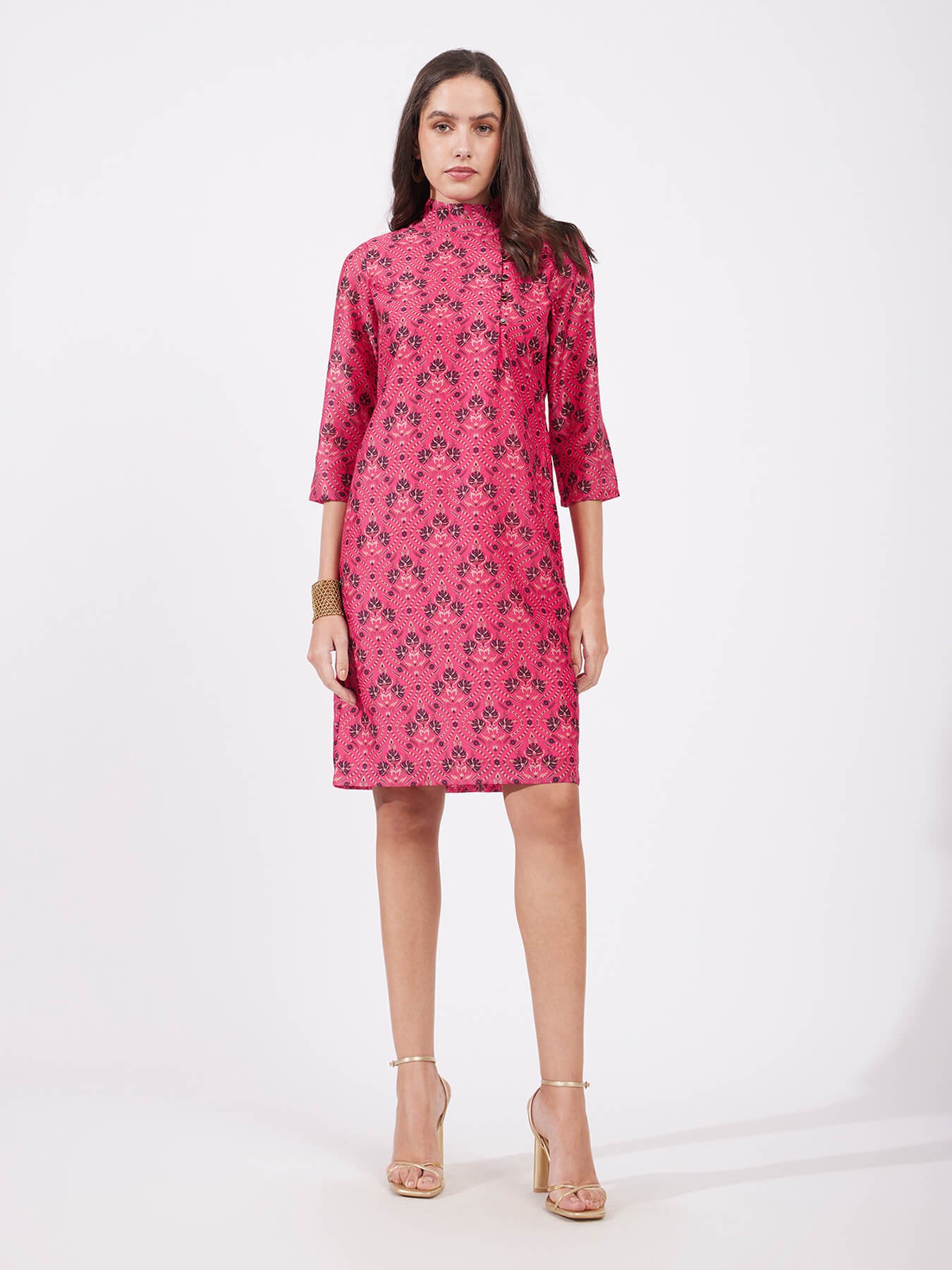 Chanderi Festive Print Dress - Pink