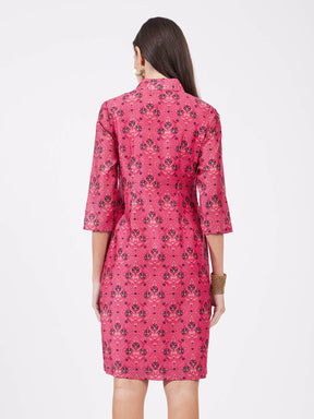 Chanderi Festive Print Dress - Pink