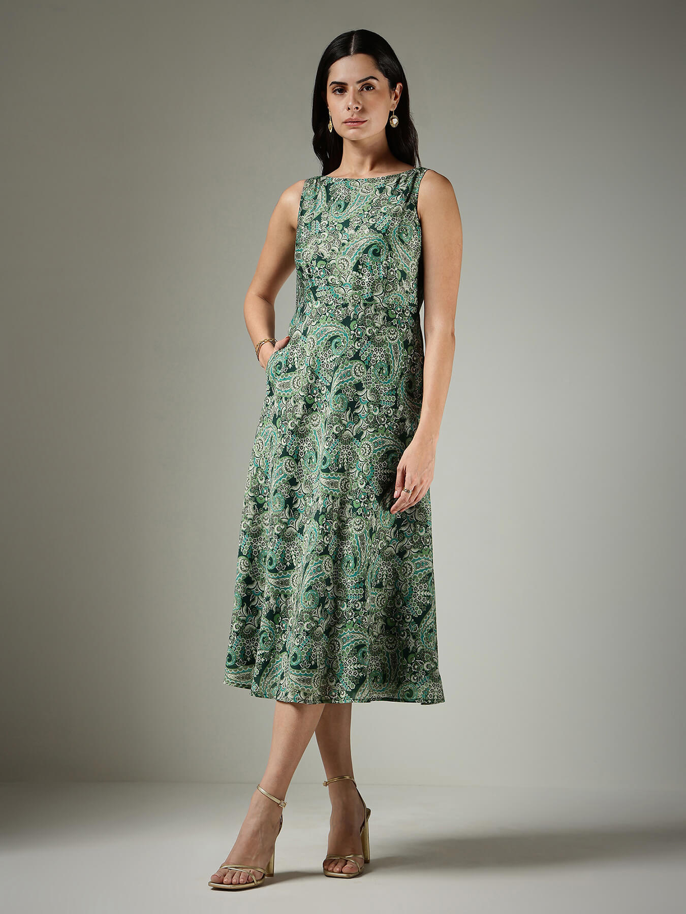 Paisley Fit & Flare Dress - Green