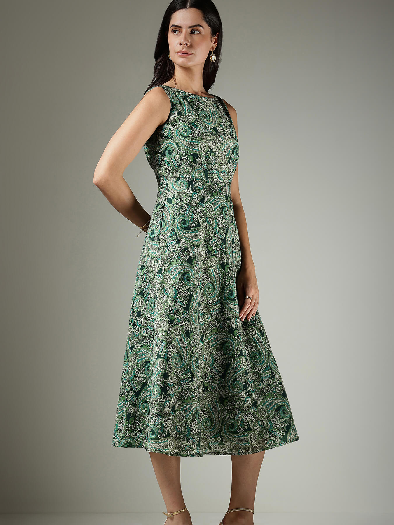 Paisley Fit & Flare Dress - Green