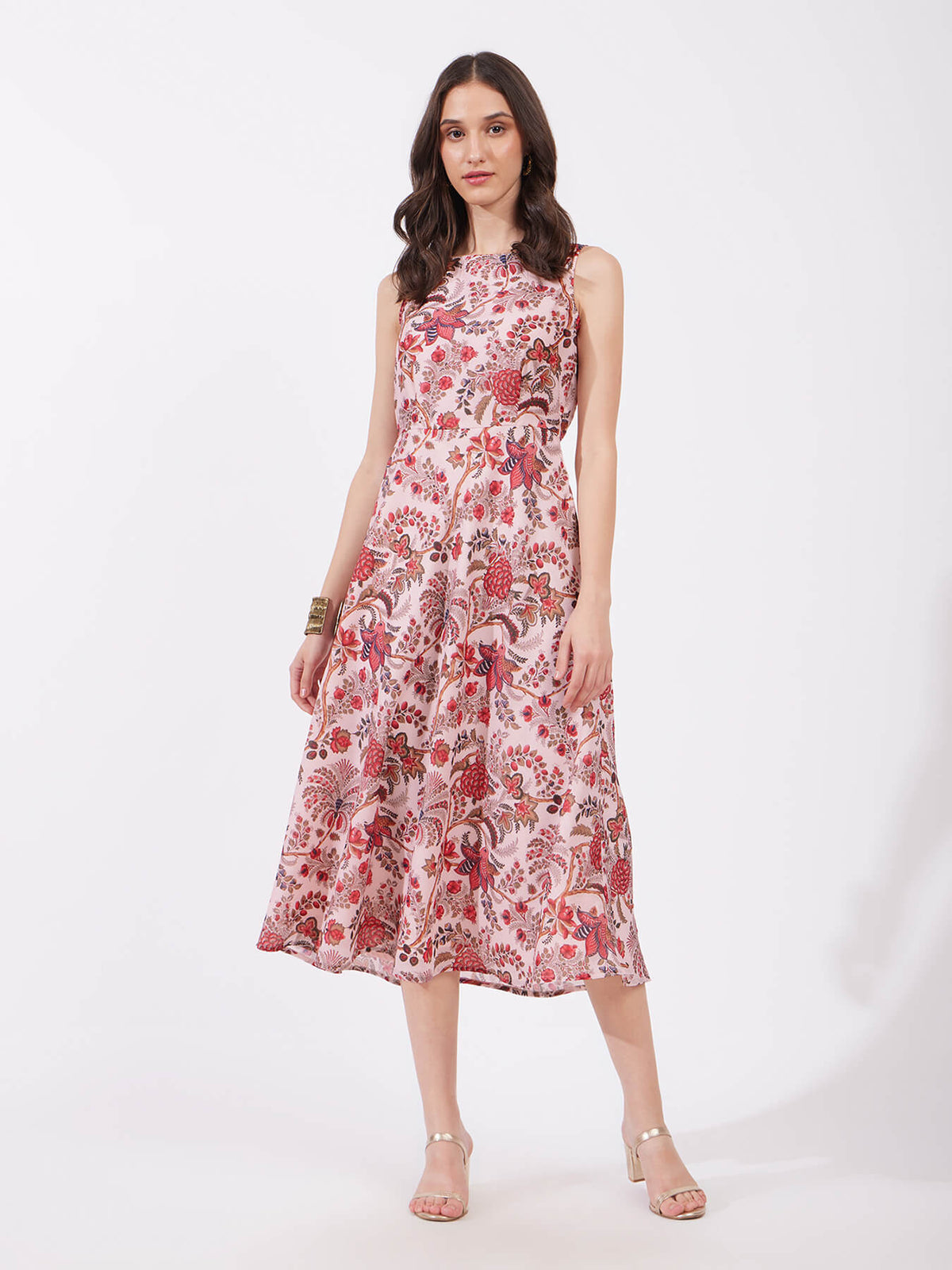 Chanderi Floral Boat Neck Dress - Red