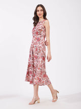 Chanderi Floral Boat Neck Dress - Red