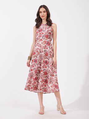 Chanderi Floral Boat Neck Dress - Red