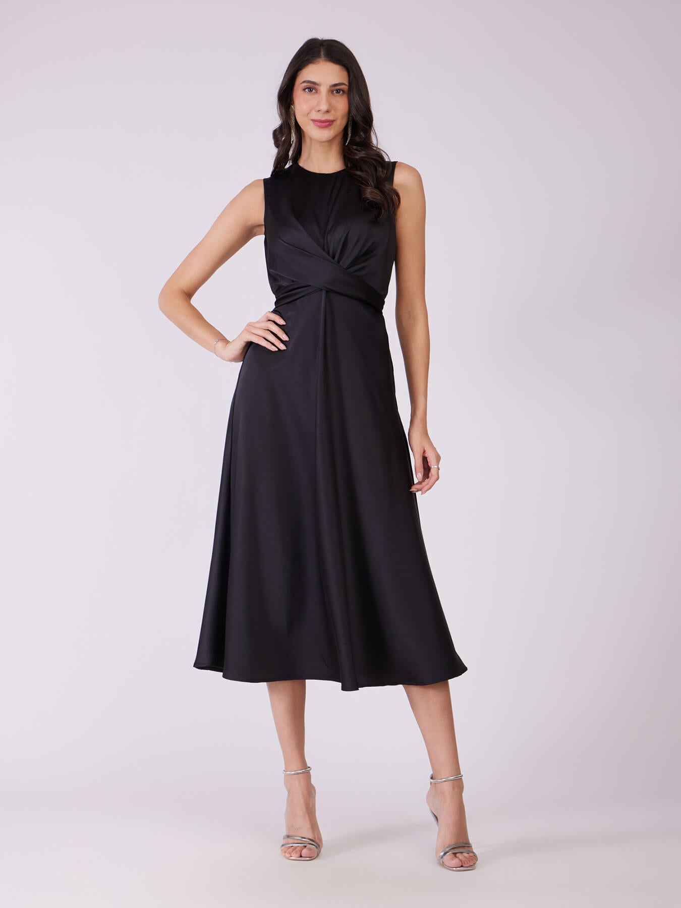 Stretch Satin Midi Dress - Black