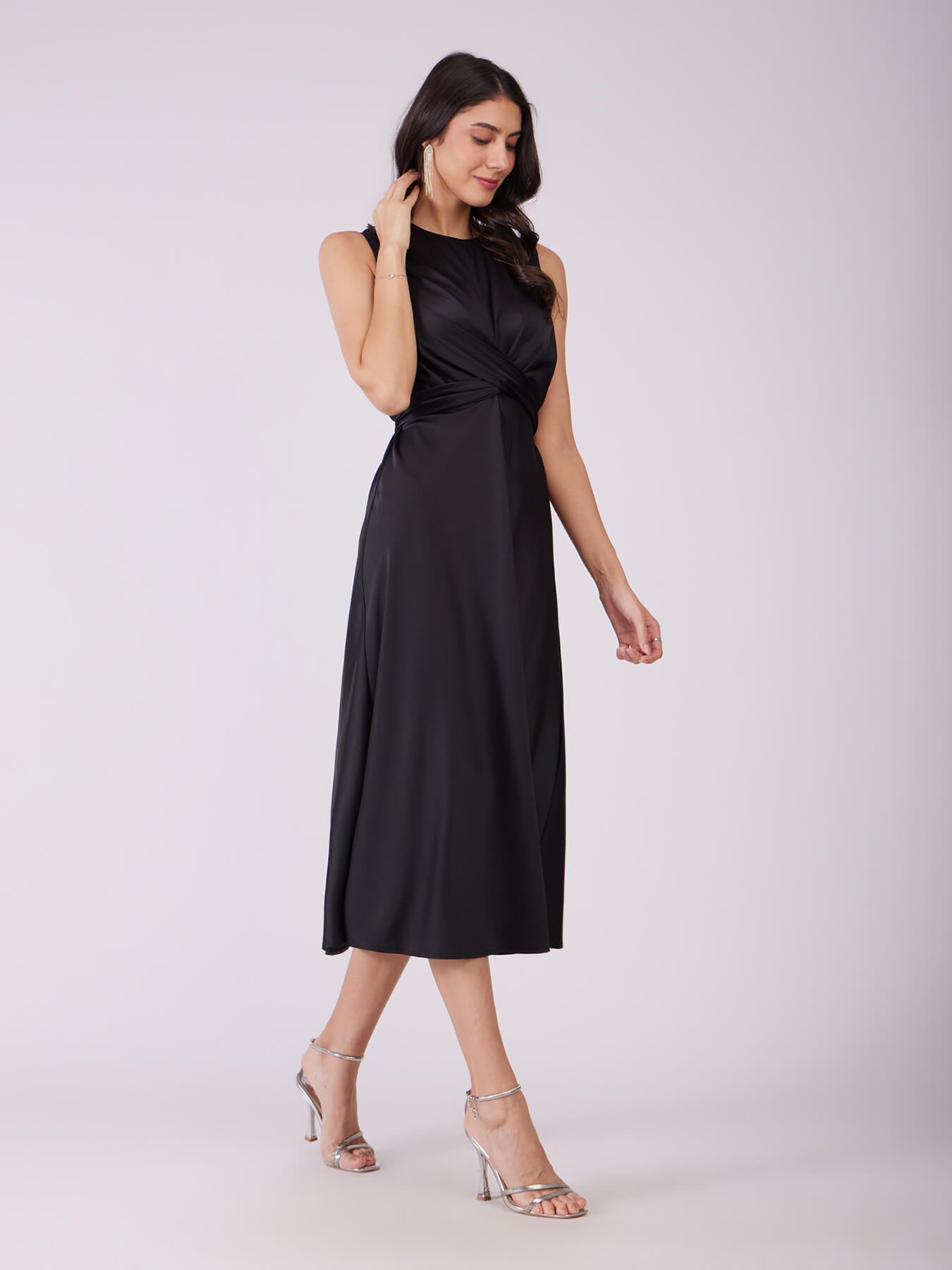 Stretch Satin Midi Dress - Black