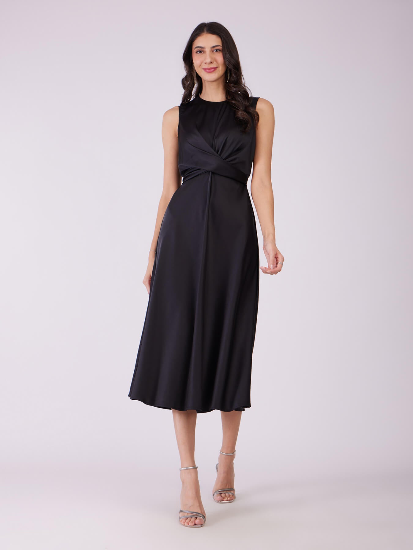 Stretch Satin Midi Dress - Black