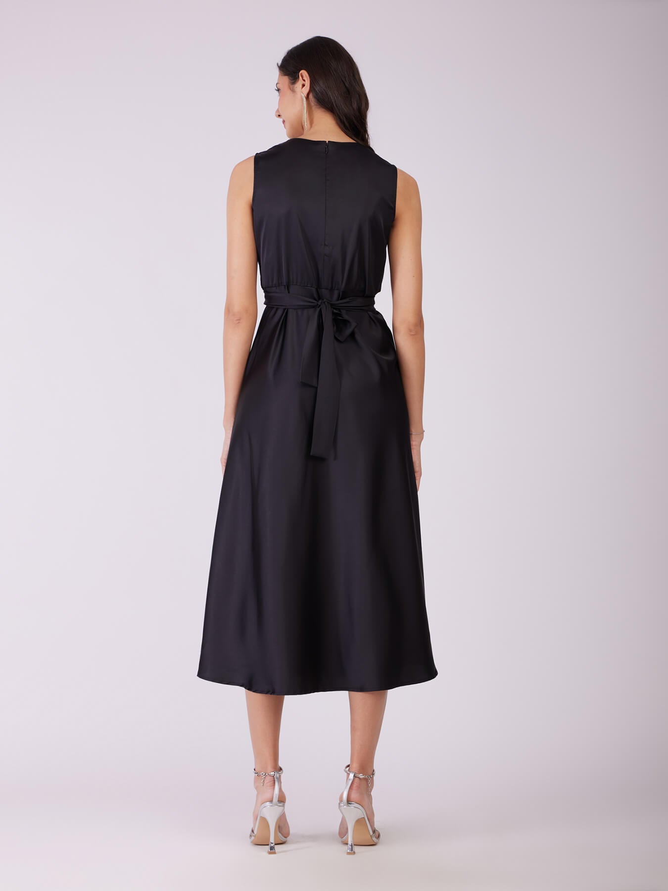 Stretch Satin Midi Dress - Black
