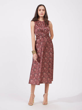 Satin Festive Print Dress - Maroon