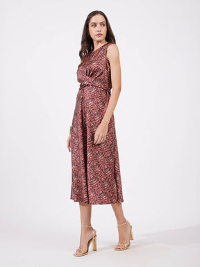 Satin Festive Print Dress - Maroon