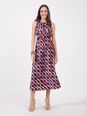 Satin Geometric Print Dress - Multicolour