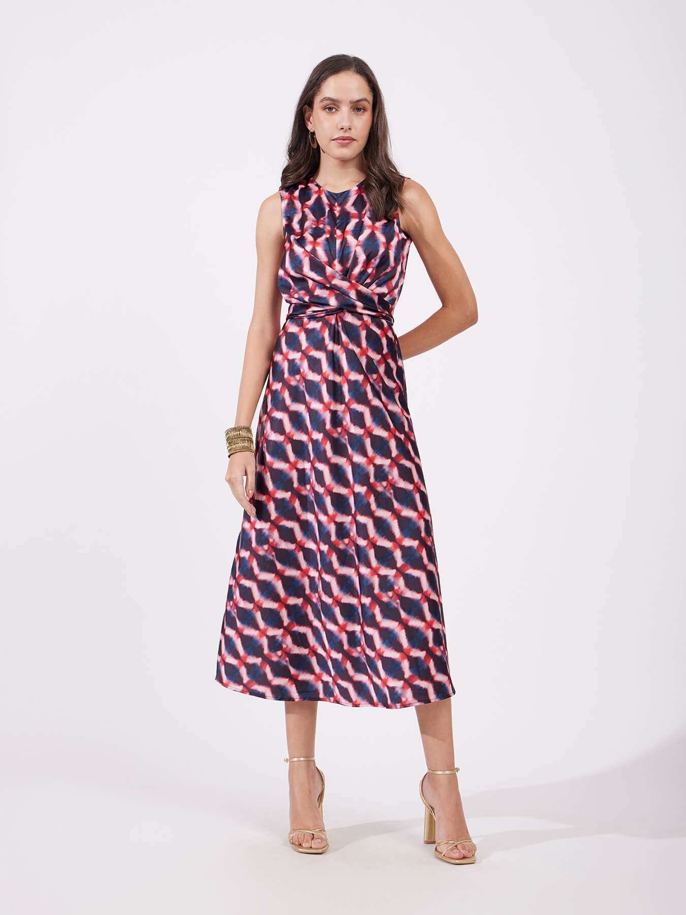 Satin Geometric Print Dress - Multicolour