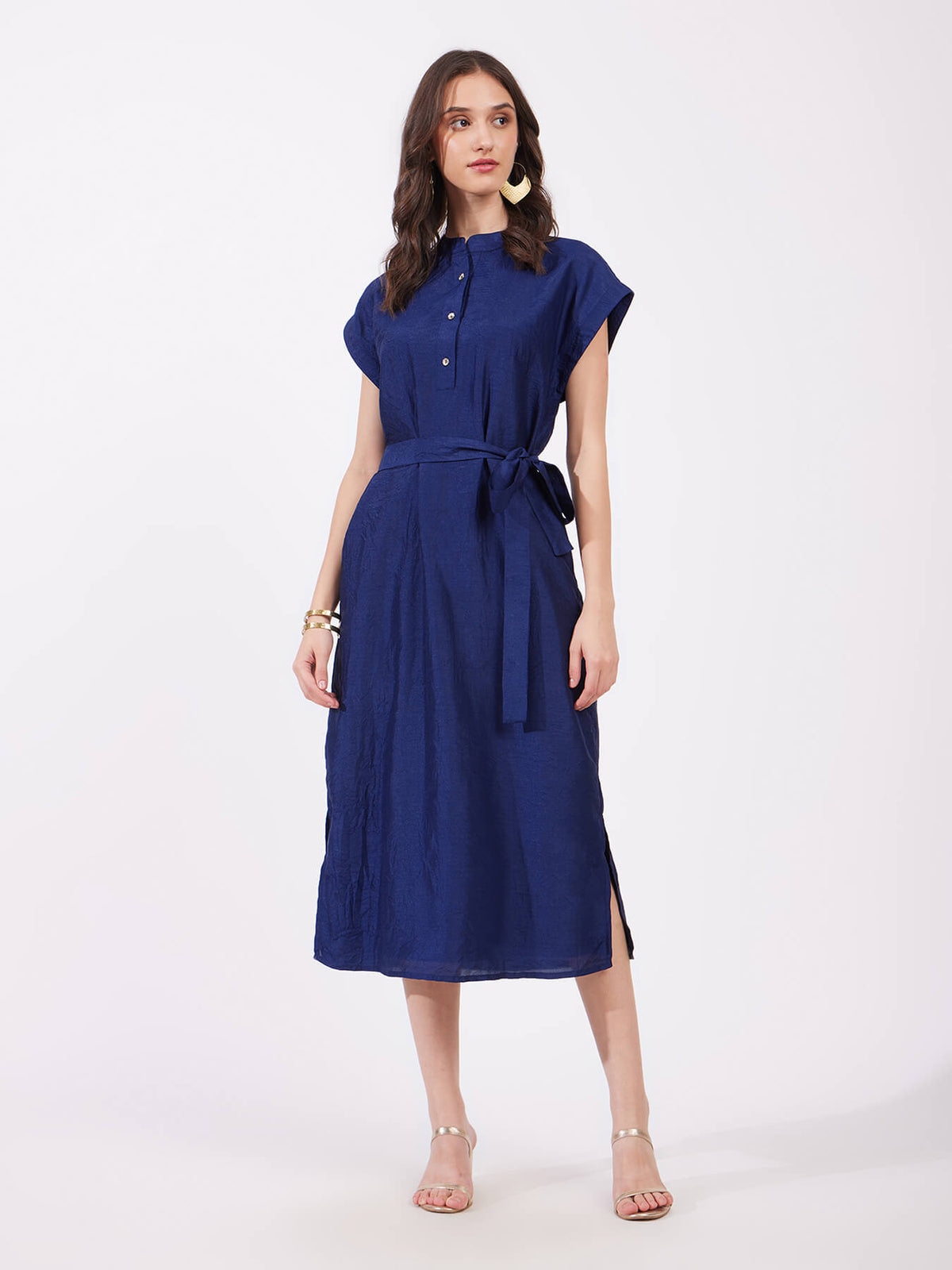 Silk Tie-Up Dress - Navy Blue