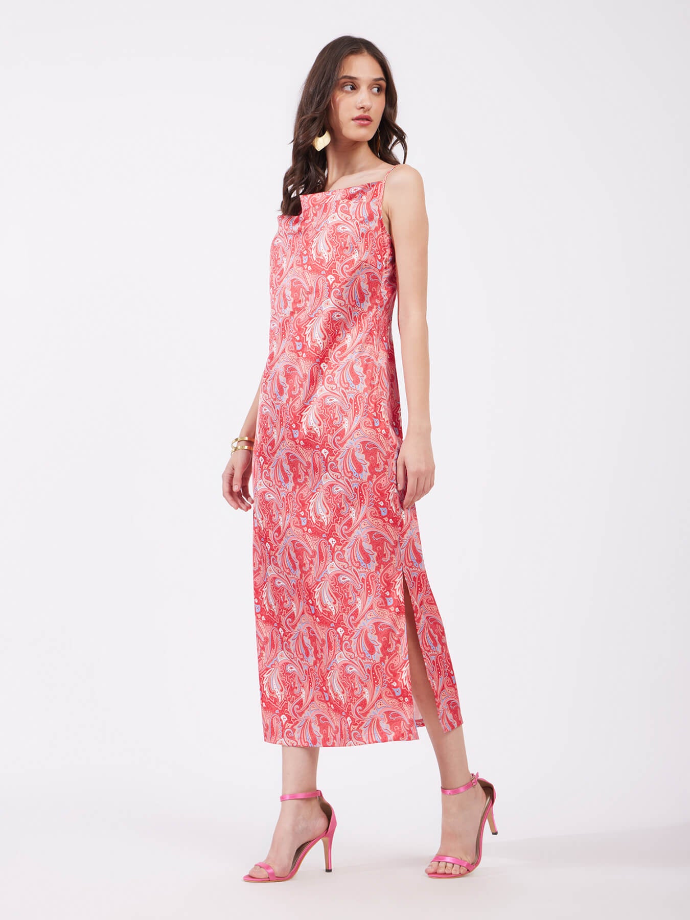 Satin Paisley Shift Dress - Red