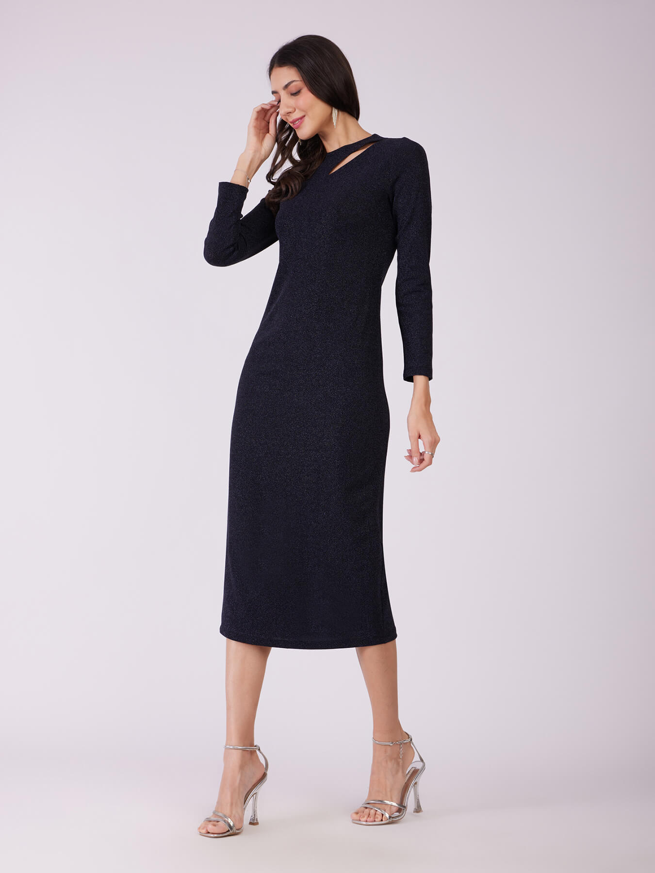 Metallic Lurex Bodycon Dress - Navy Blue