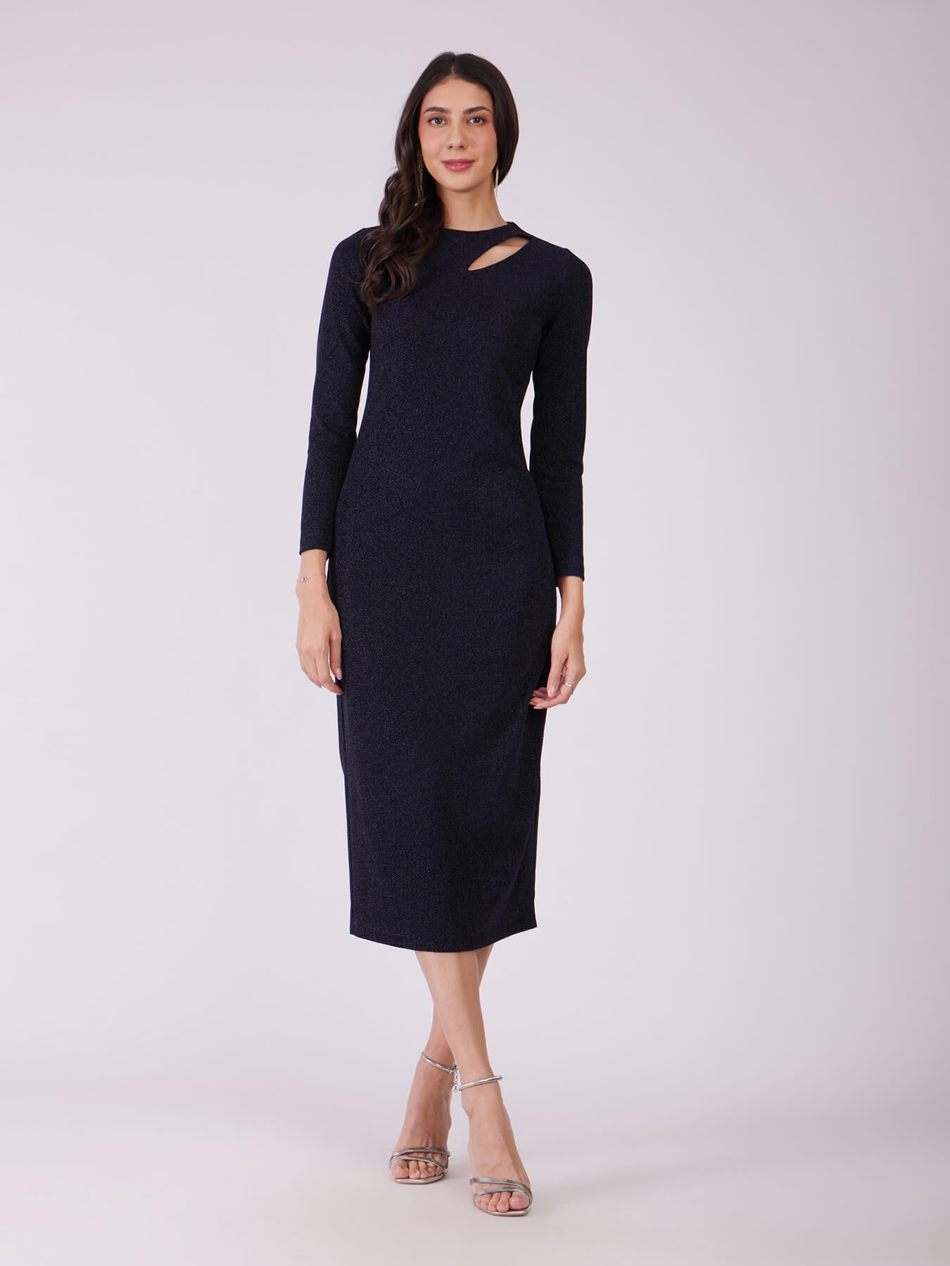 Metallic Lurex Bodycon Dress - Navy Blue