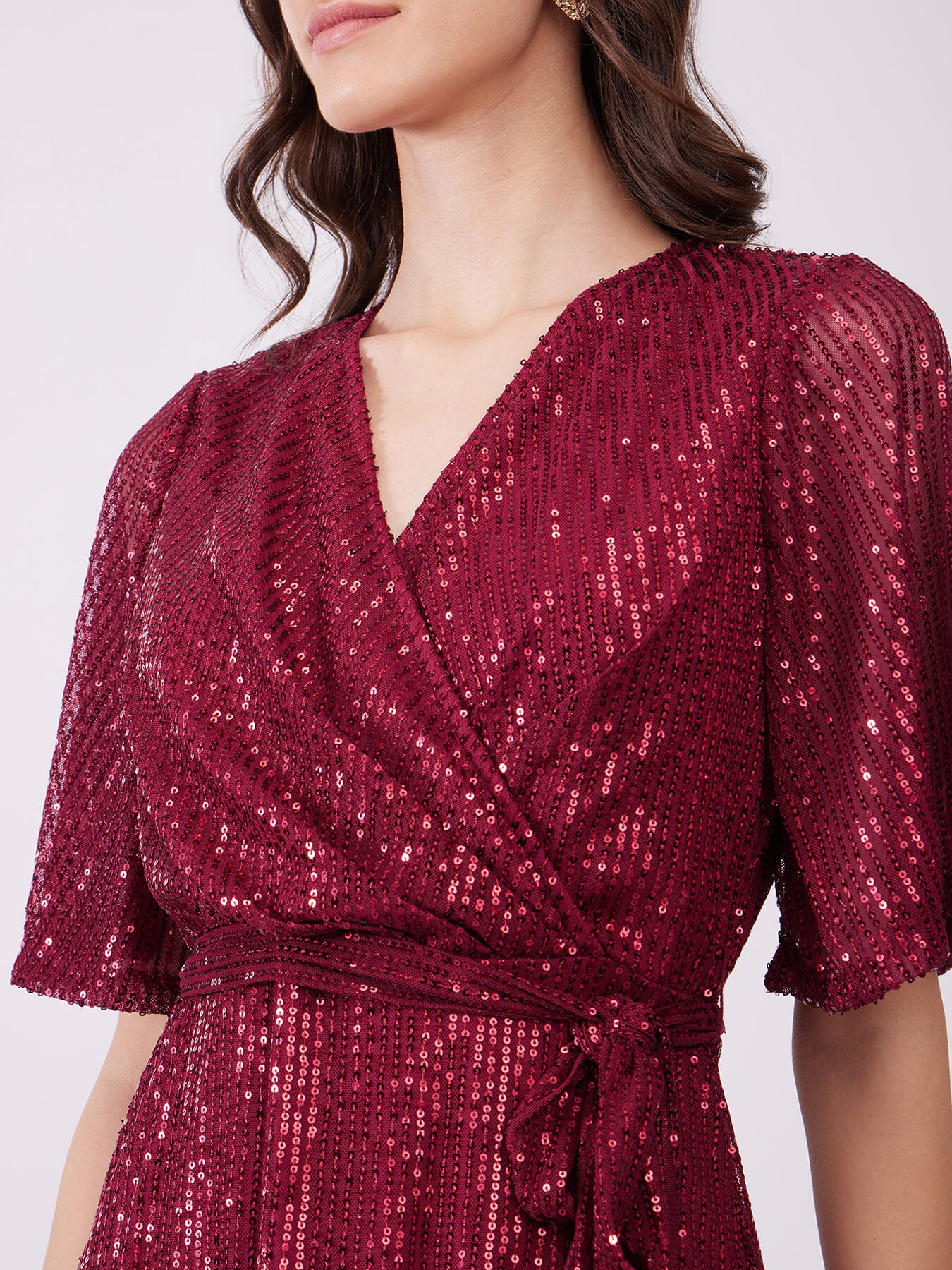 Sequin Wrap Dress - Maroon