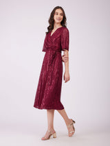 Sequin Wrap Dress - Maroon