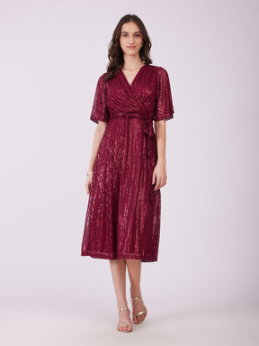 Sequin Wrap Dress - Maroon