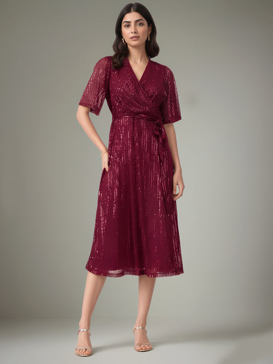 Sequin Wrap Dress - Maroon