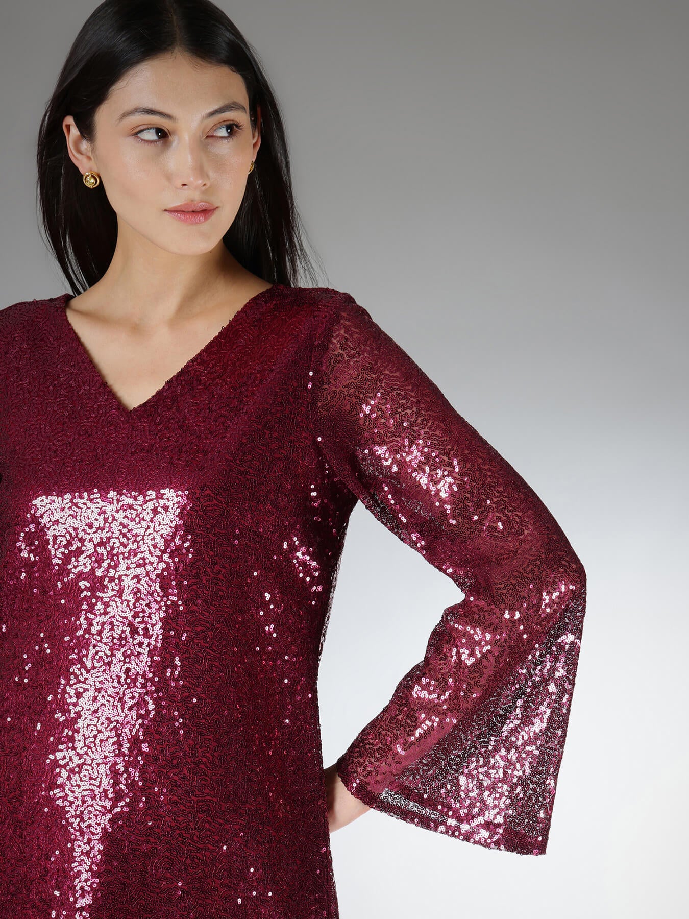 Sequin V-Neck Shift Dress - Maroon