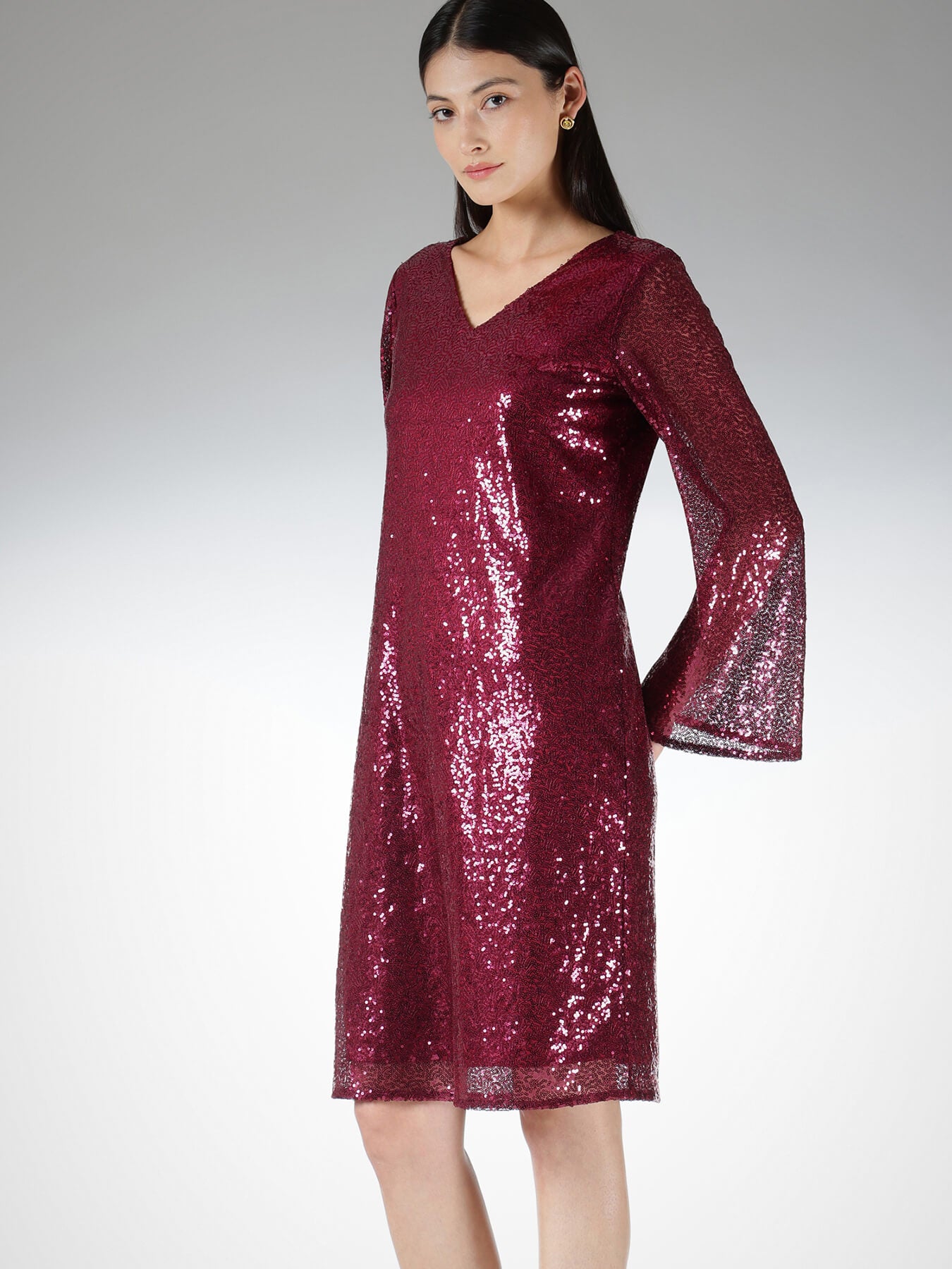 Sequin V-Neck Shift Dress - Maroon