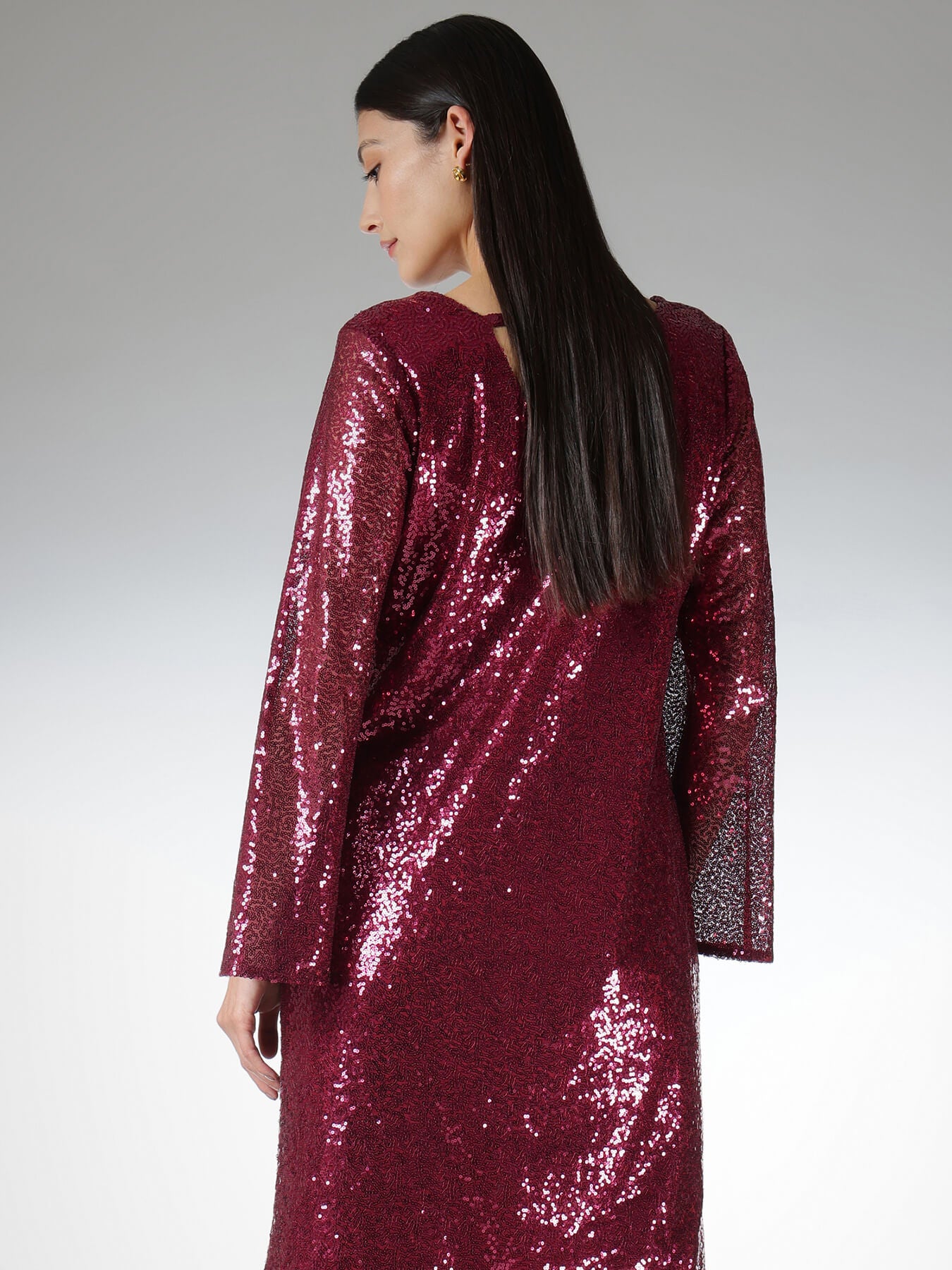 Sequin V-Neck Shift Dress - Maroon