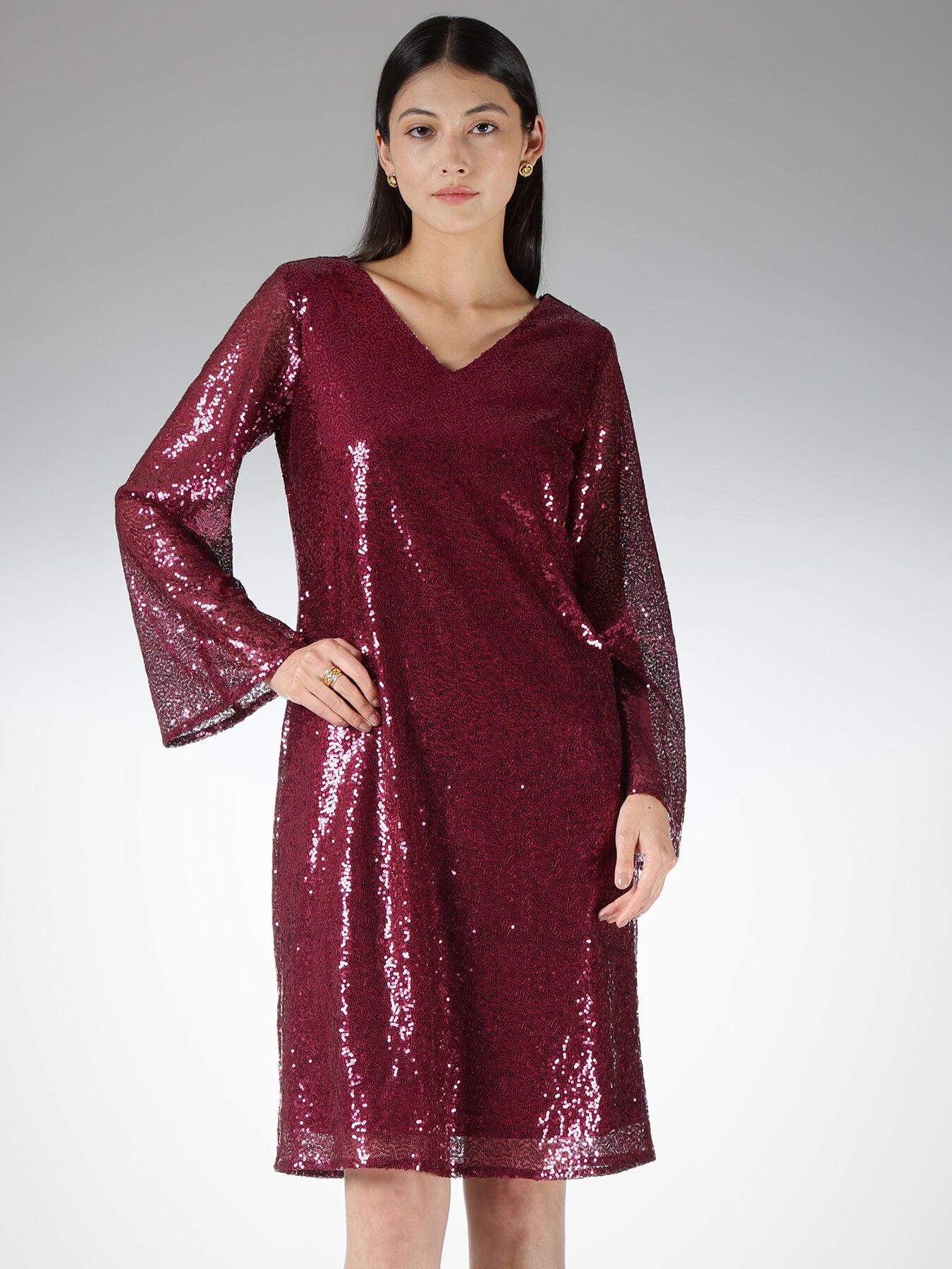Sequin V-Neck Shift Dress - Maroon