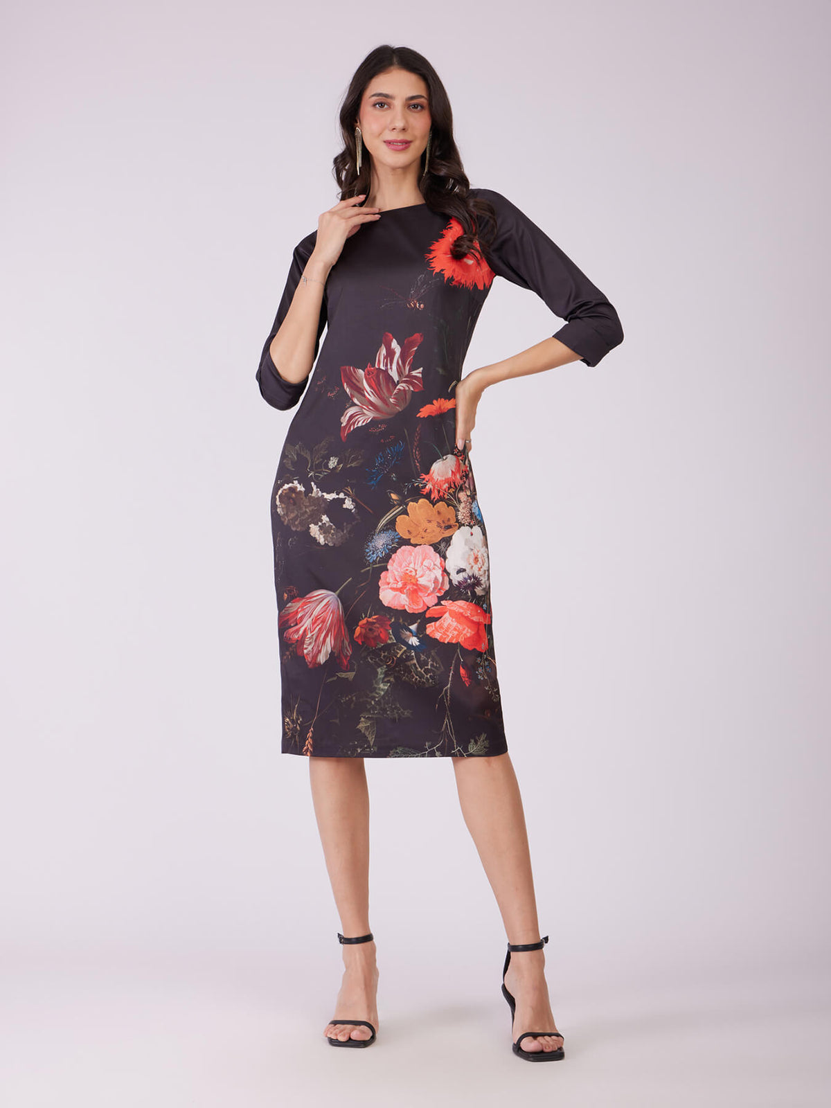 Stretch Satin Floral Dress - Black And Red