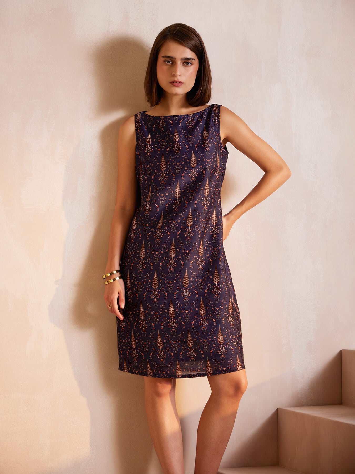 Chanderi Shift Dress - Navy Blue