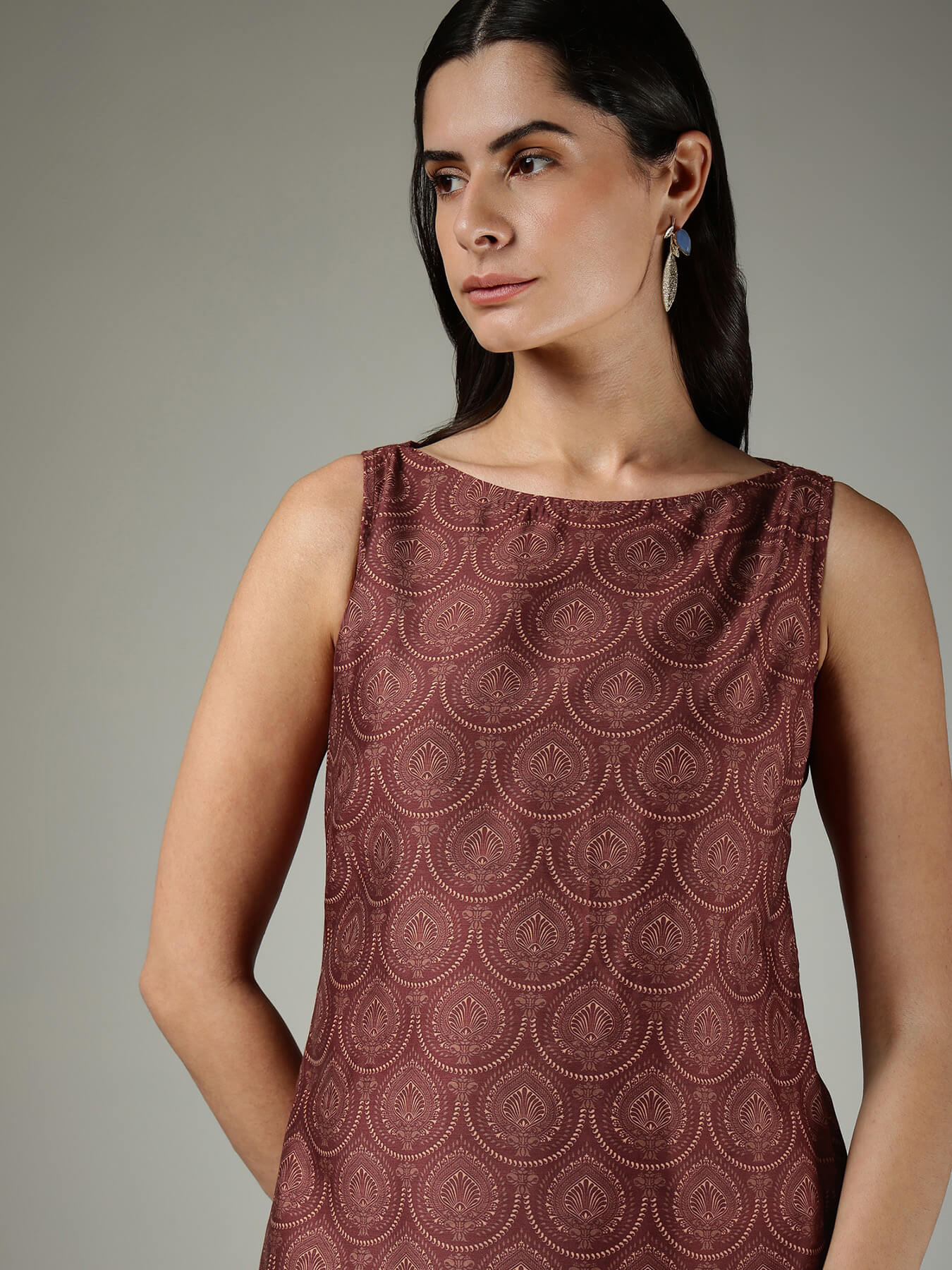 Indian Motif Shift Dress - Burgundy