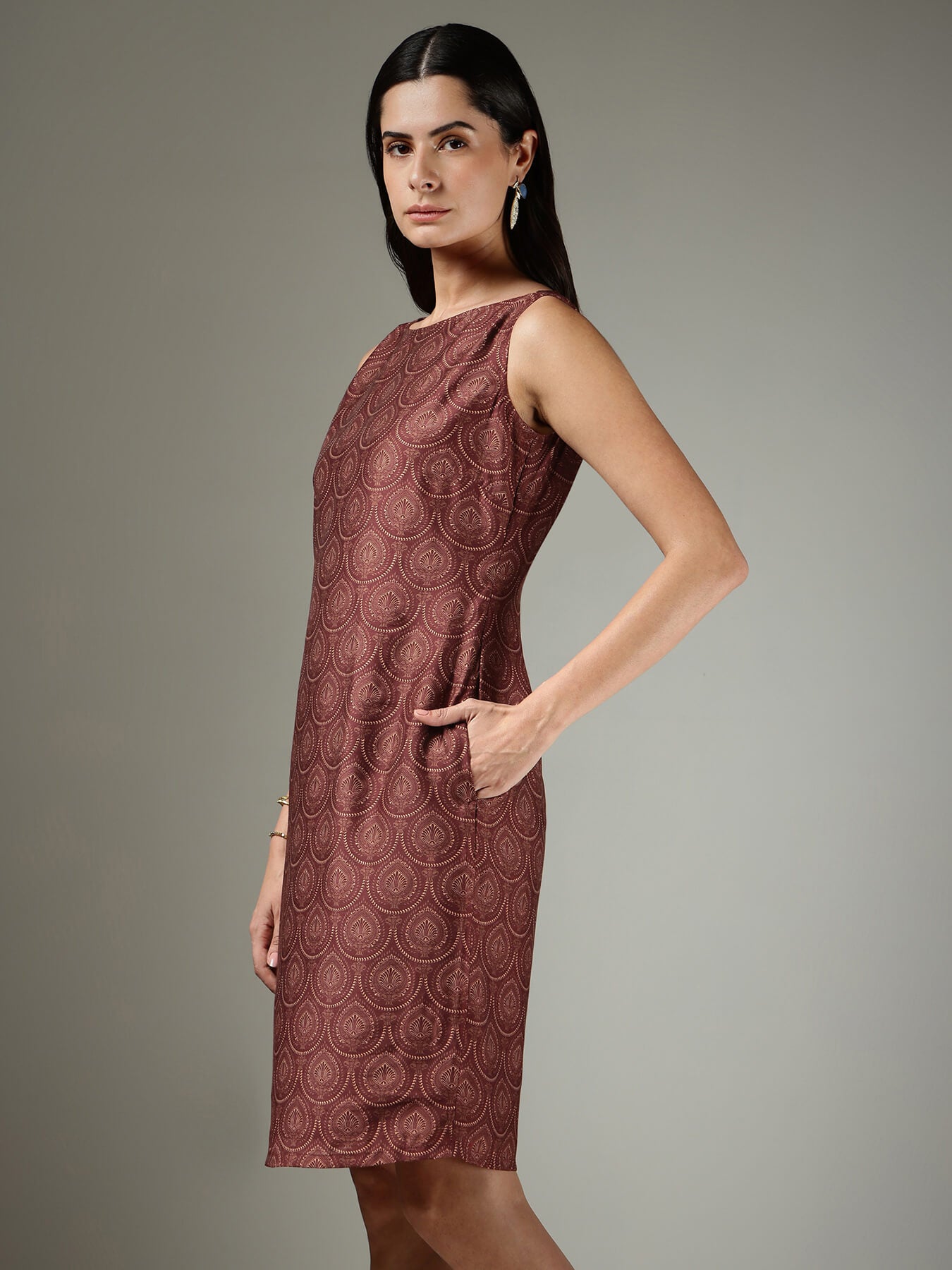 Indian Motif Shift Dress - Burgundy