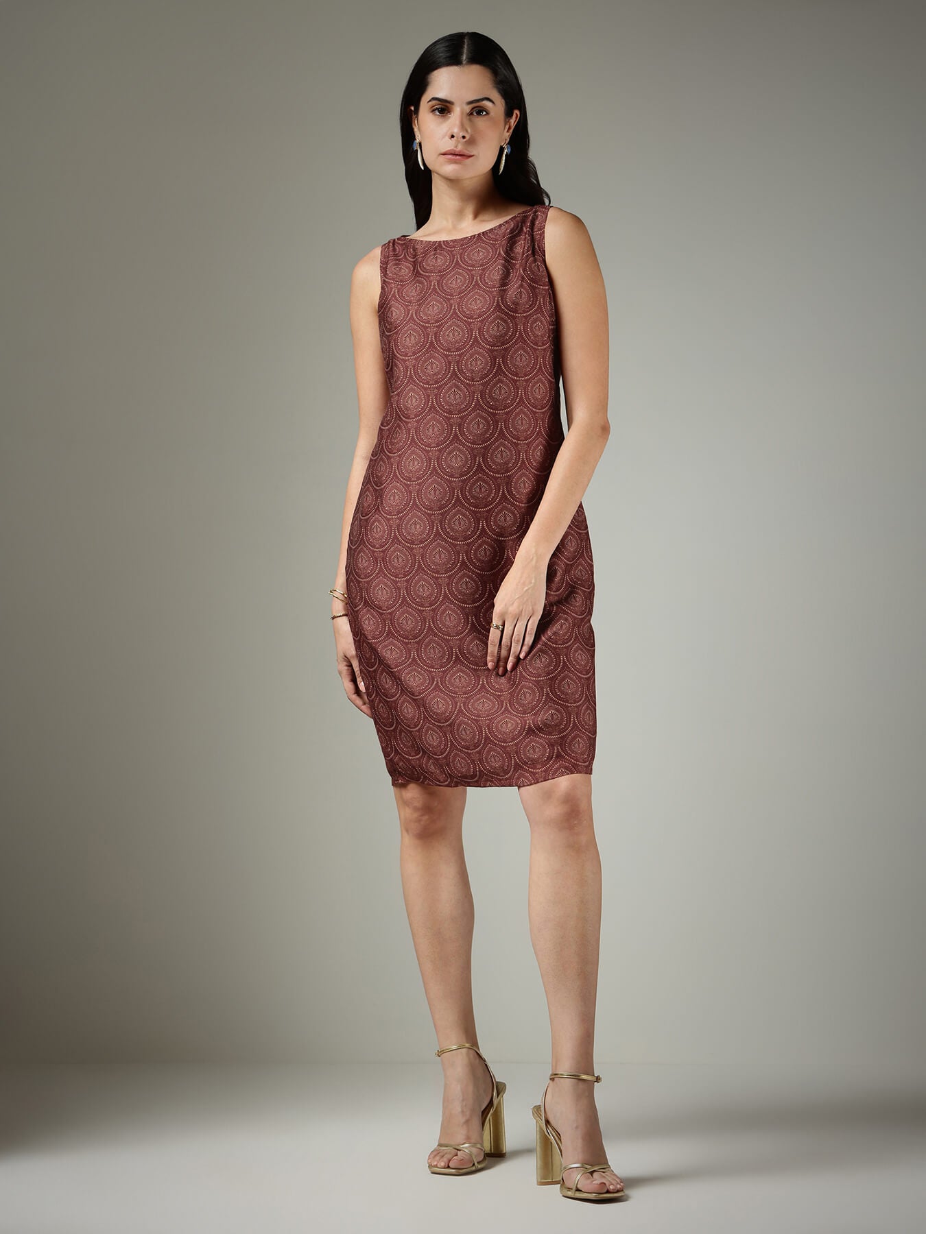 Indian Motif Shift Dress - Burgundy