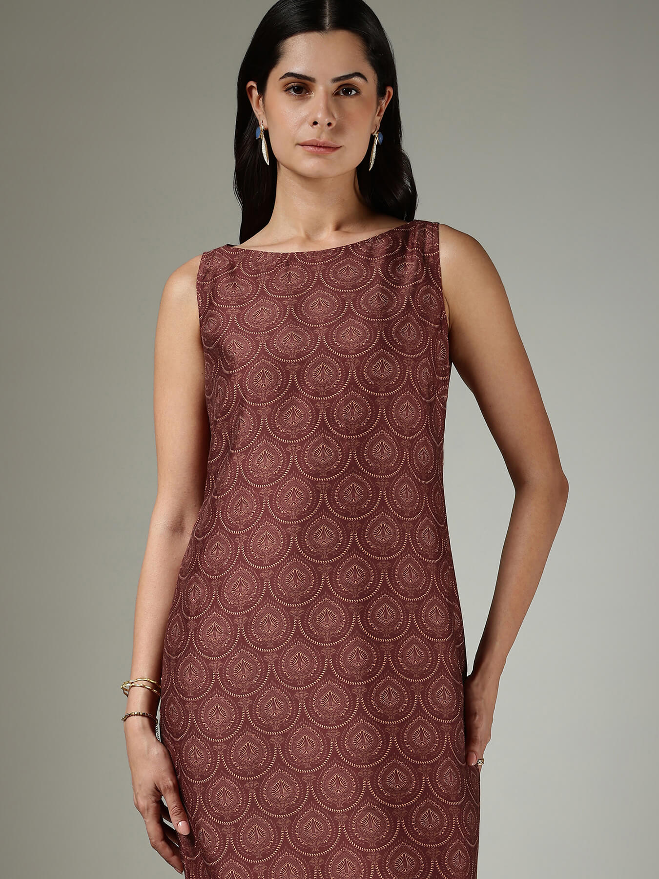 Indian Motif Shift Dress - Burgundy