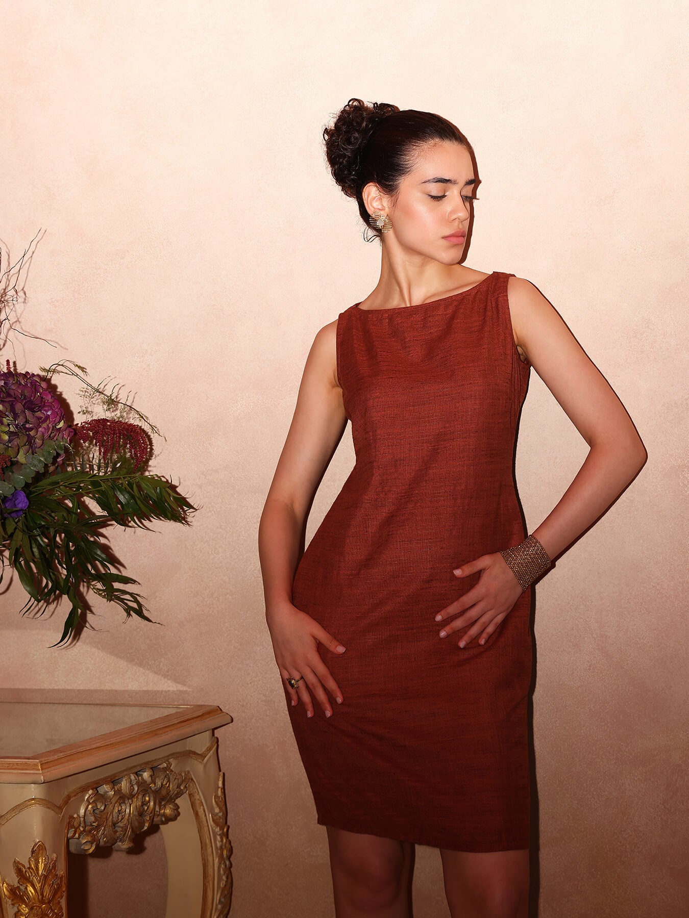 Boat Neck Shift Dress - Rust