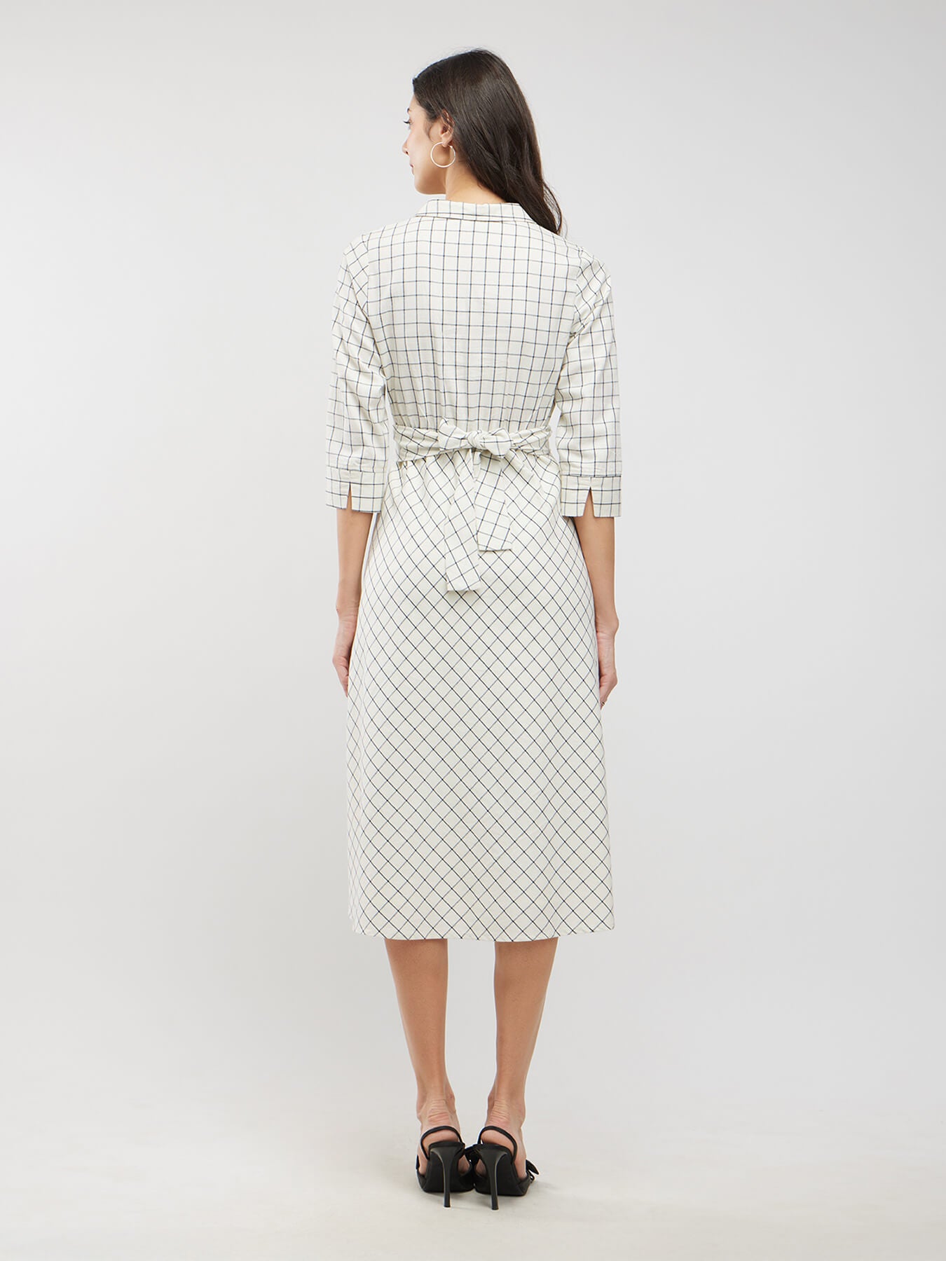 Cotton Checkered Wrap Dress - Off White And Black