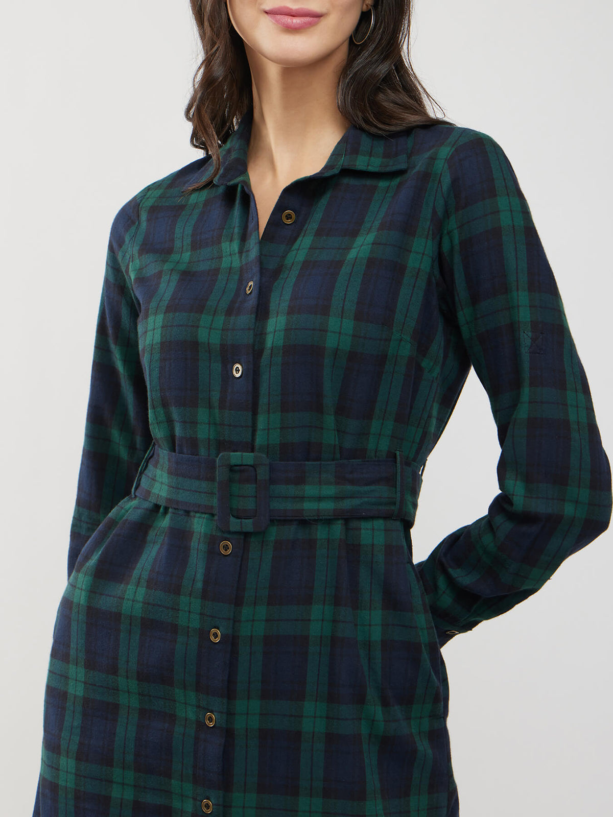 Cotton Checkered Shirt Dress - Green And Black