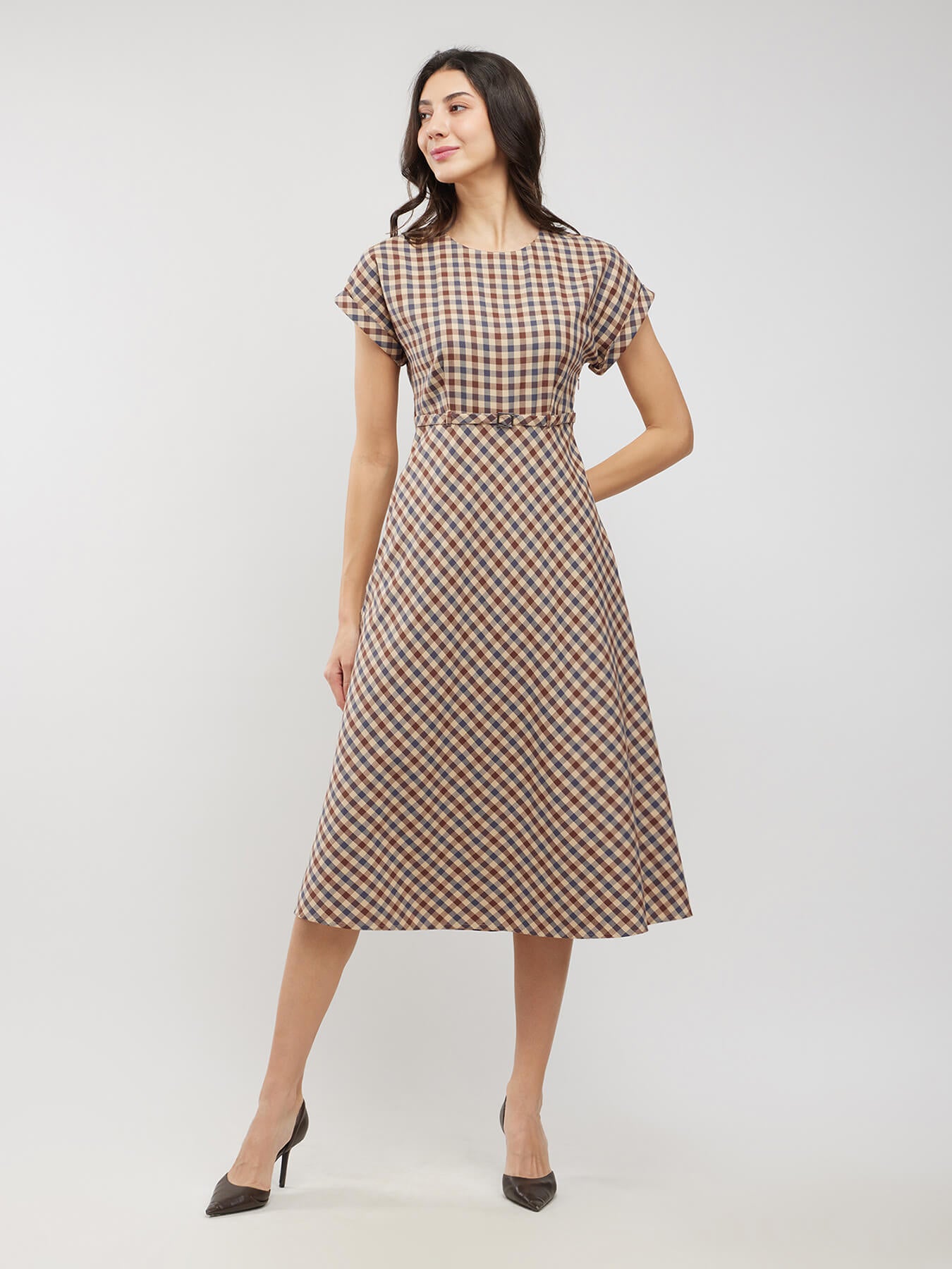 Cotton Checkered Fit And Flare Dress - Brown