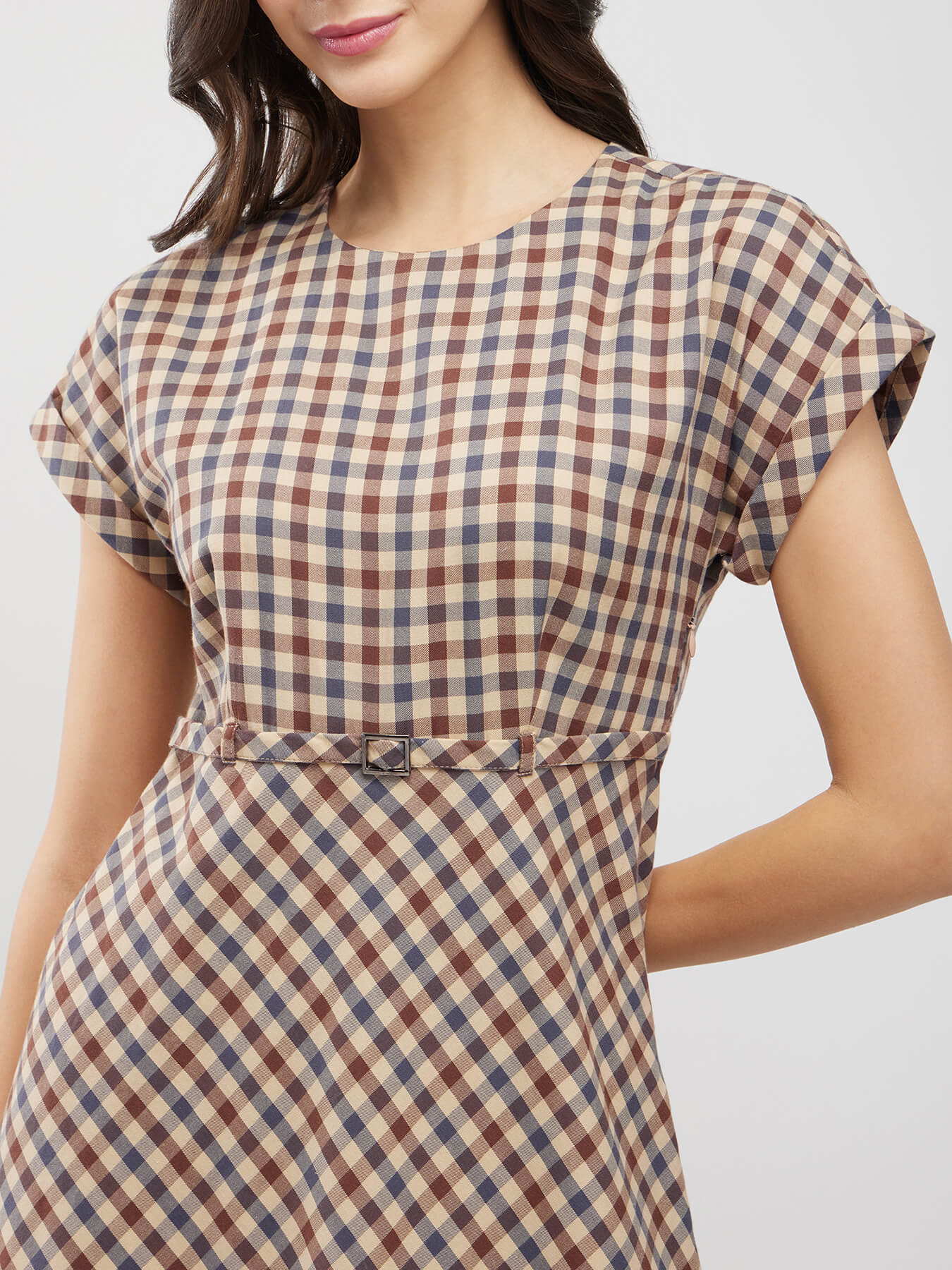 Cotton Checkered Fit And Flare Dress - Brown