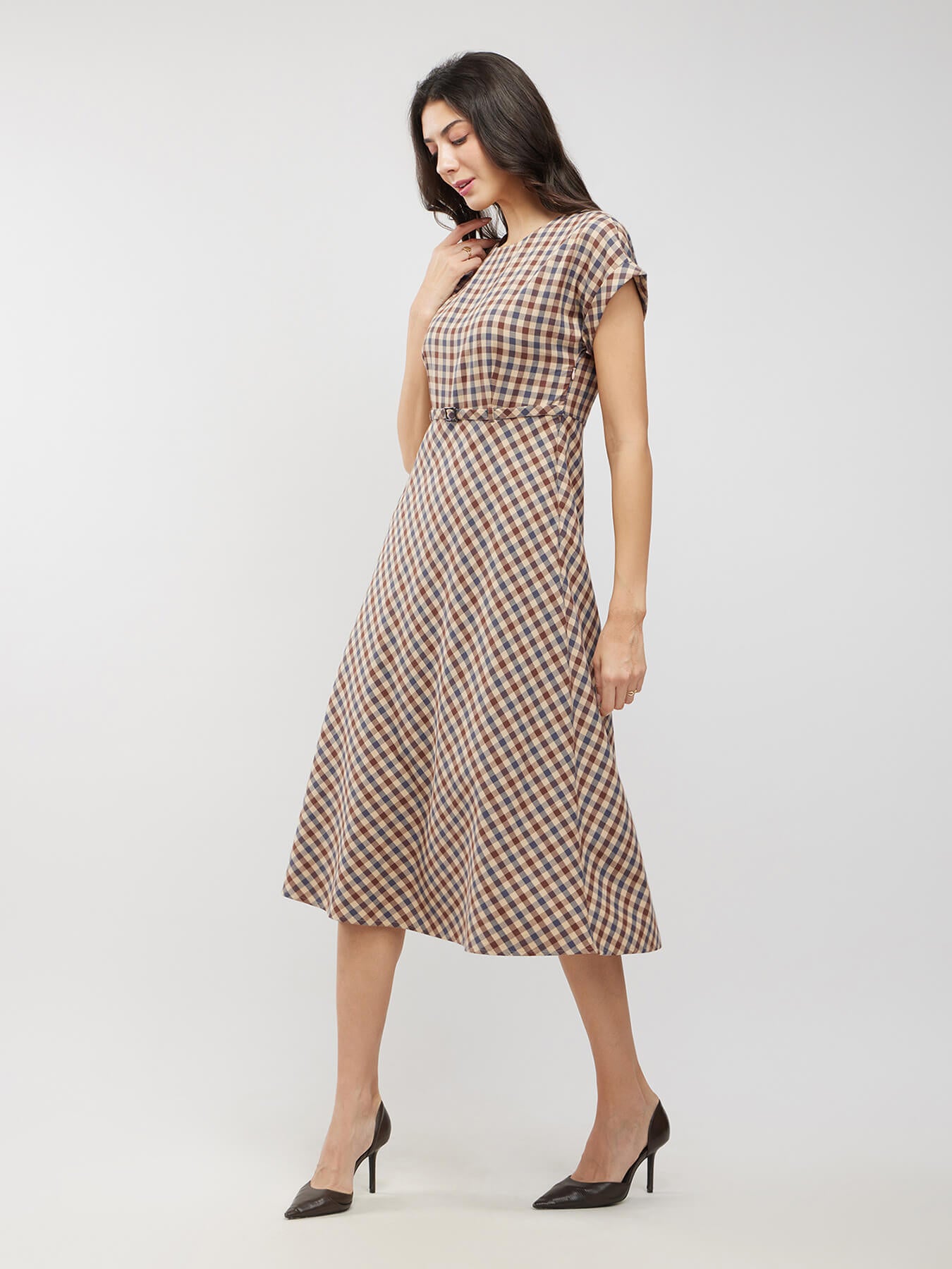 Cotton Checkered Fit And Flare Dress - Brown