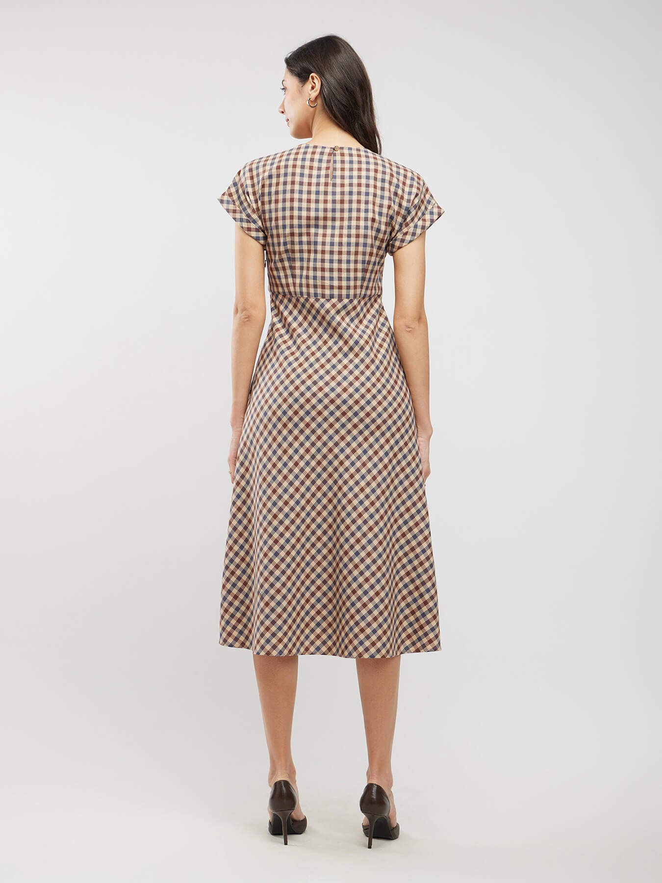 Cotton Checkered Fit And Flare Dress - Brown