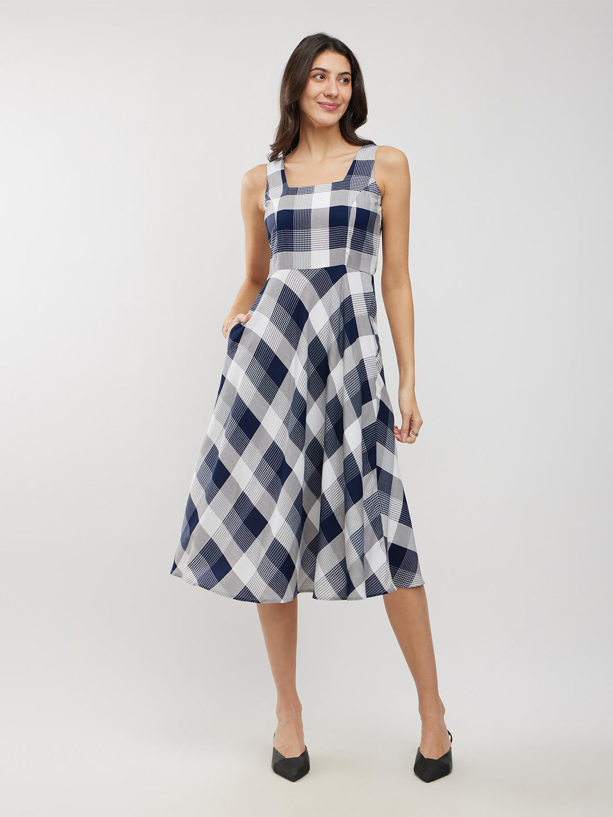 Rayon Checkered Dress - Blue