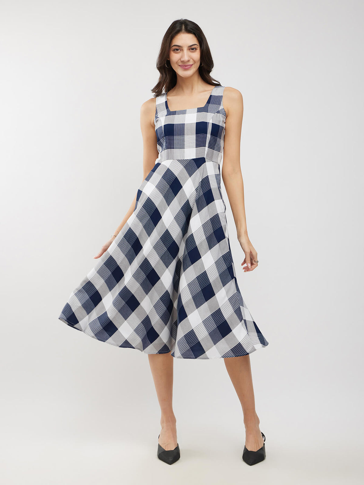 Rayon Checkered Dress - Blue