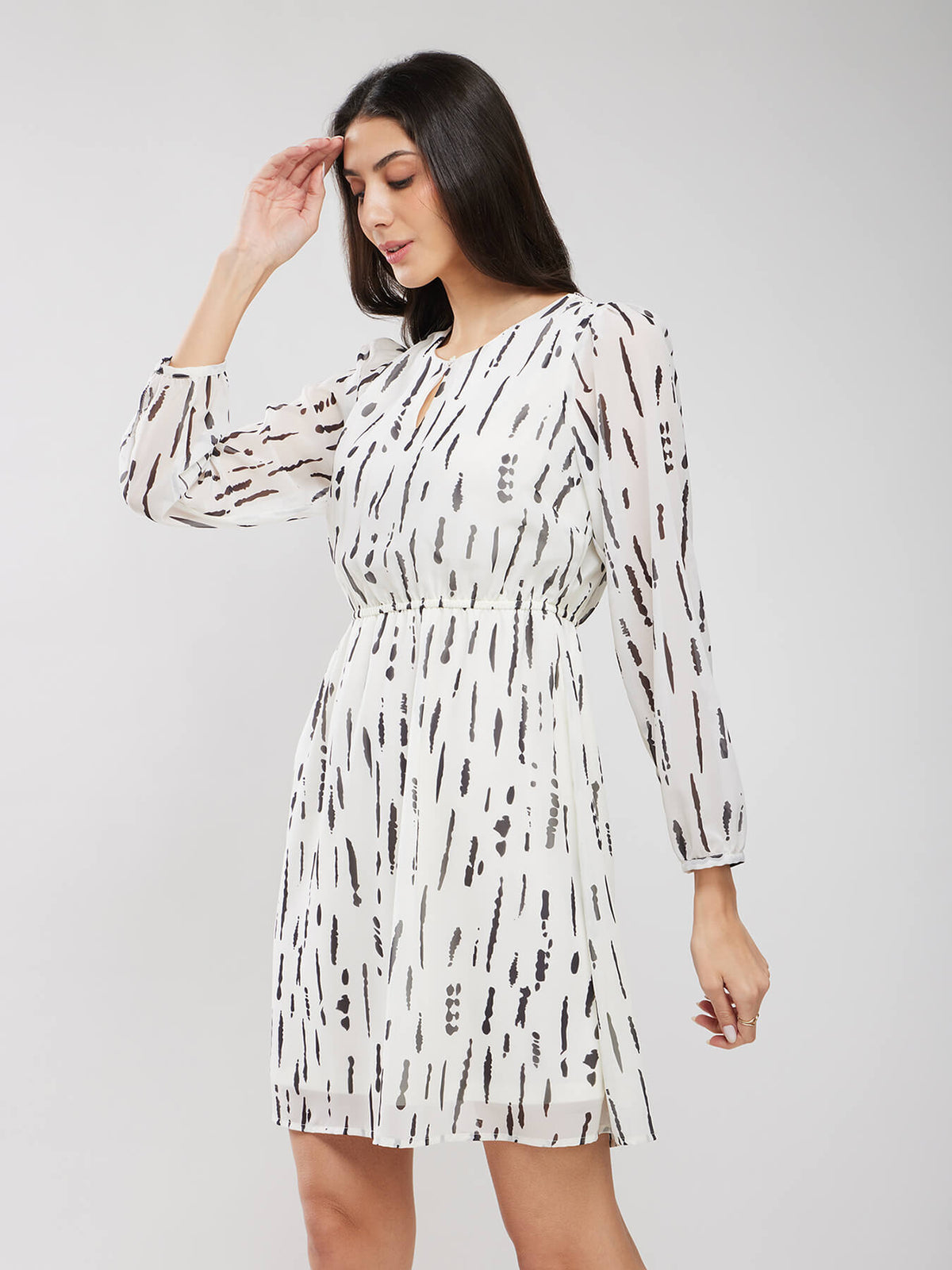 A-line Geometric Print Dress - Off White And Black